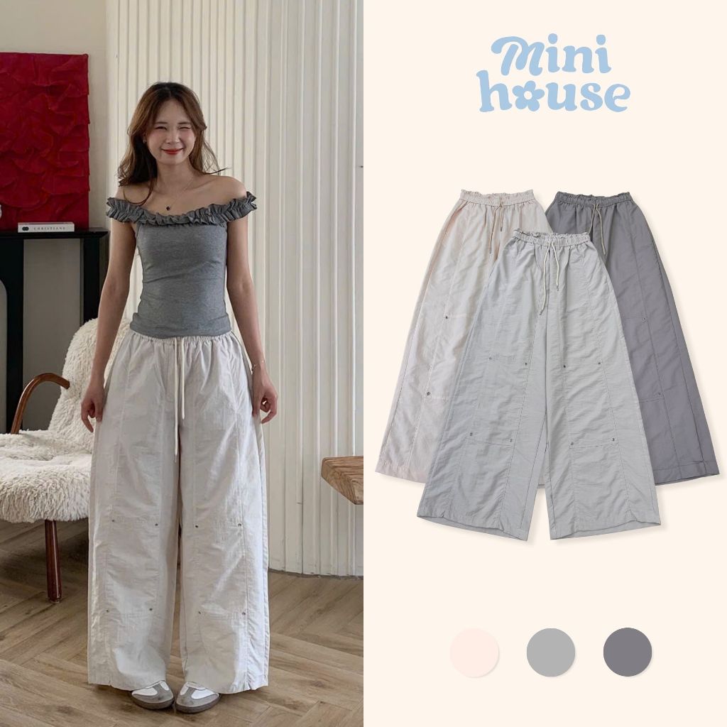 𝐌𝐢𝐧𝐢 𝐇𝐨𝐮𝐬𝐞 - Quần ống rộng vải gió nhăn thoáng mát mùa hè phối cạp chun năng động basic 3 MÀU