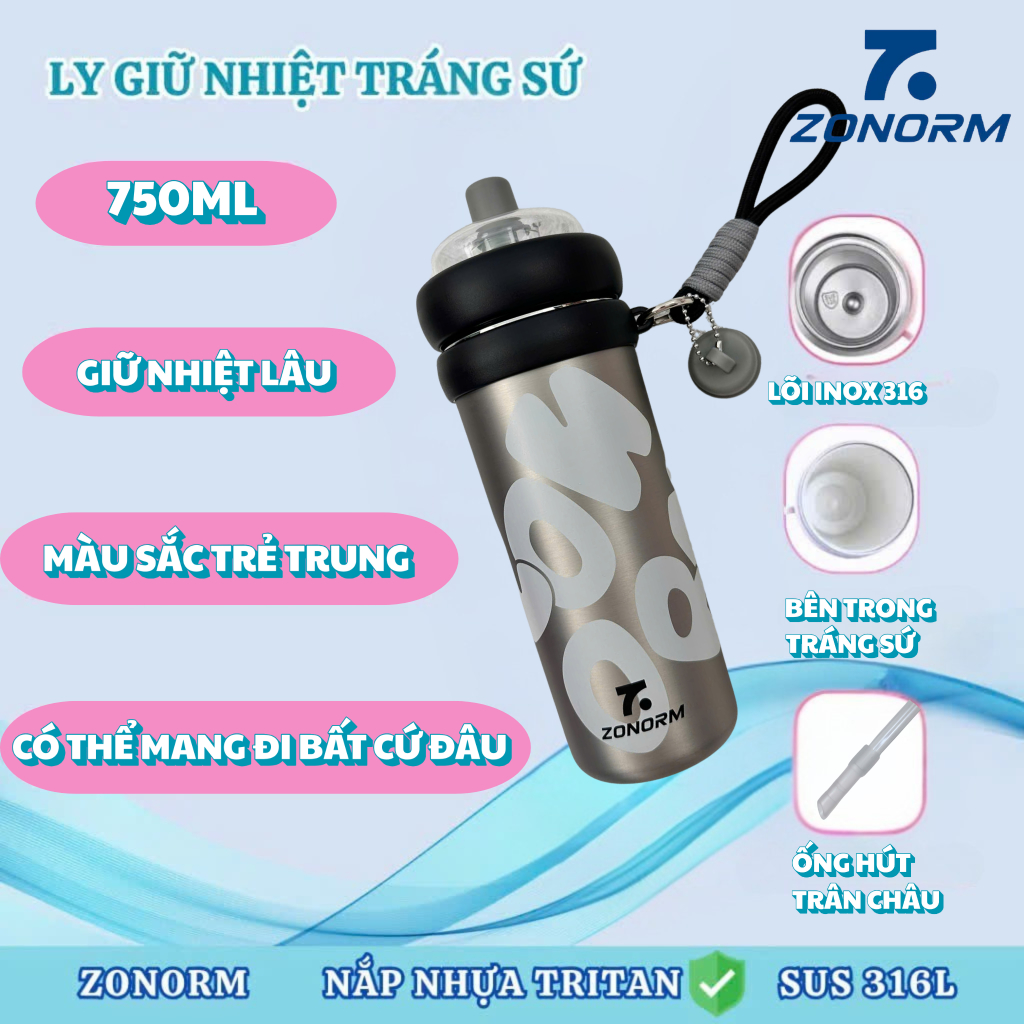 ZONORM Ly Bình Giữ Nhiệt Cao Cấp Inox 316 Ống Hút To, Ống Hút Trà Sữa Chất Liệu Tritan An Toàn 750ML | BigBuy360 - bigbuy360.vn