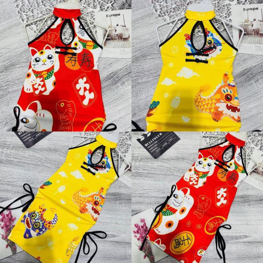 Sườn xám thun họa tiết mèo thần tài,lân cho bé gái