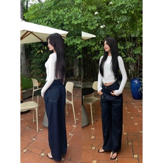 THE QUẠO - Quần Jean Nữ  Lưng Cao Ống Suông Nối Túi Màu Xanh Đen Basic S04012_539