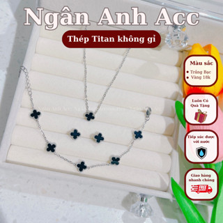 Bộ 3 món vòng cổ nữ cỏ bốn lá, vòng tay cỏ 4 lá mini màu đen titan trắng không han gỉ phụ kiện trang sức by Ngân Anh Acc