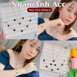 Bộ 3 món vòng cổ nữ cỏ bốn lá, vòng tay cỏ 4 lá mini màu đen titan trắng không han gỉ phụ kiện trang sức by Ngân Anh Acc