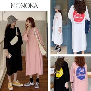  Váy thun suông dáng rộng cộc tay không cổ dài qua gối CALFMANNA họa tiết 2 mặt chất cotton Đầm bầu bigsize chubby T1334G 