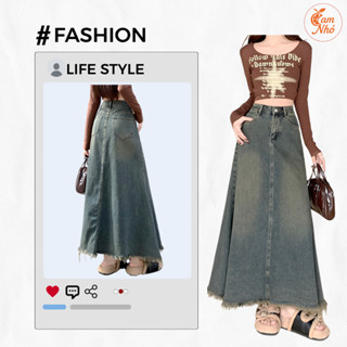 Chân váy jean đuôi cá dài cạp cao, chân váy jean xòe tua rua, chân váy jean thanh lịch quyến rũ A34