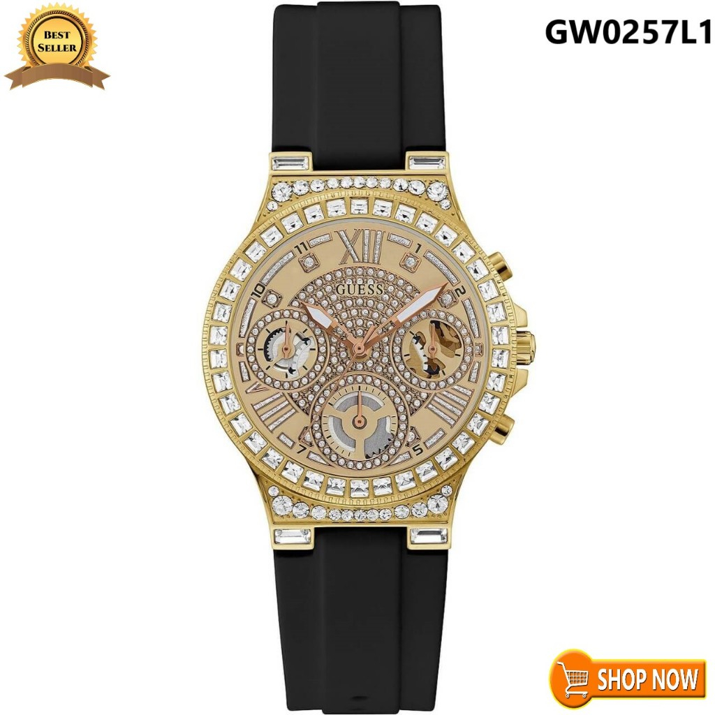 Đồng Hồ Nữ Guess GW0257L1 Dây Silicon Đen Đính Đá Vỏ Gold 36mm - Đồng Hồ Guess Nữ Đính Đá 6 Kim