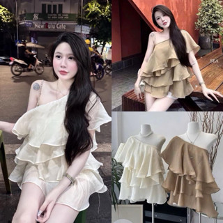 Váy Tơ Quây Chéo Vai Xếp Tầng Form Suông Dáng Ngắn Dễ Thương