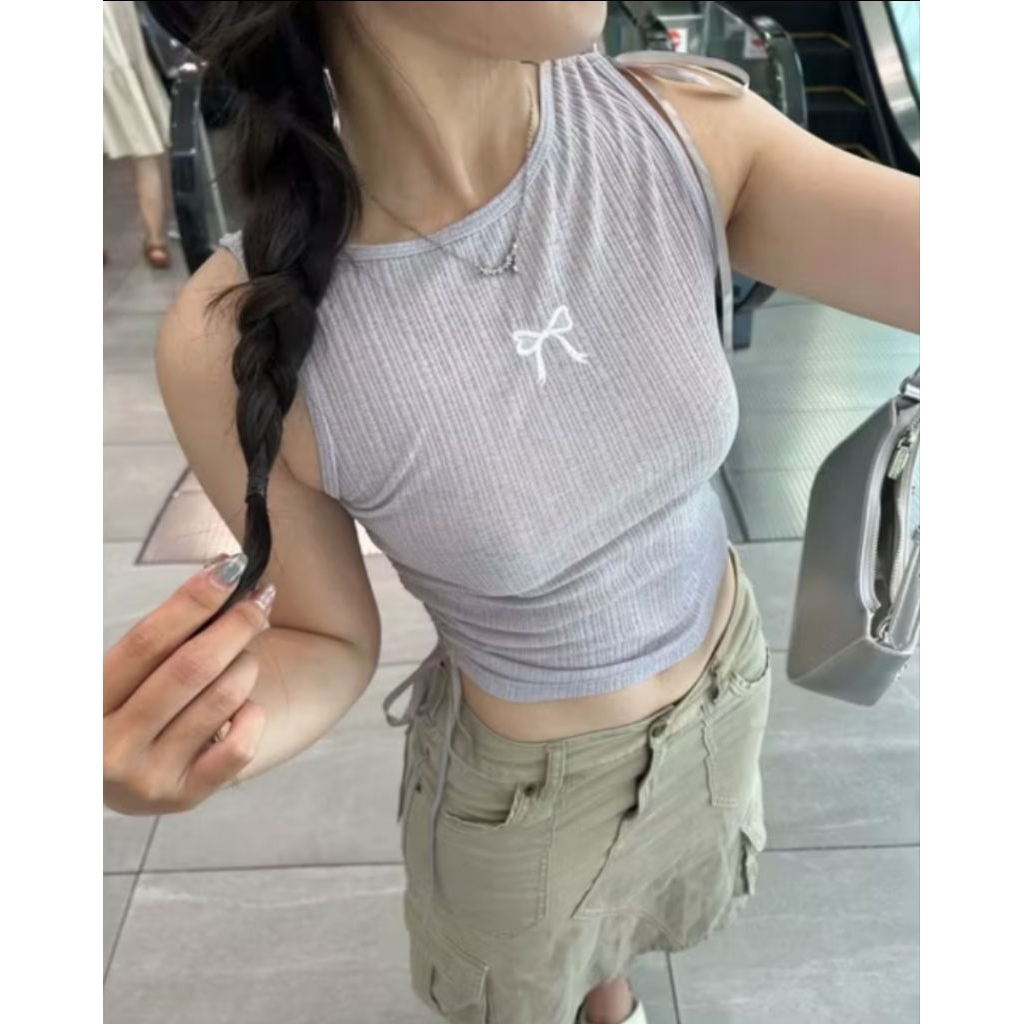 [moodies/ NEW còn tag] áo ba lỗ rút dây tank top dáng dài xuyên thấu thêu nơ ruy băng acubi style
