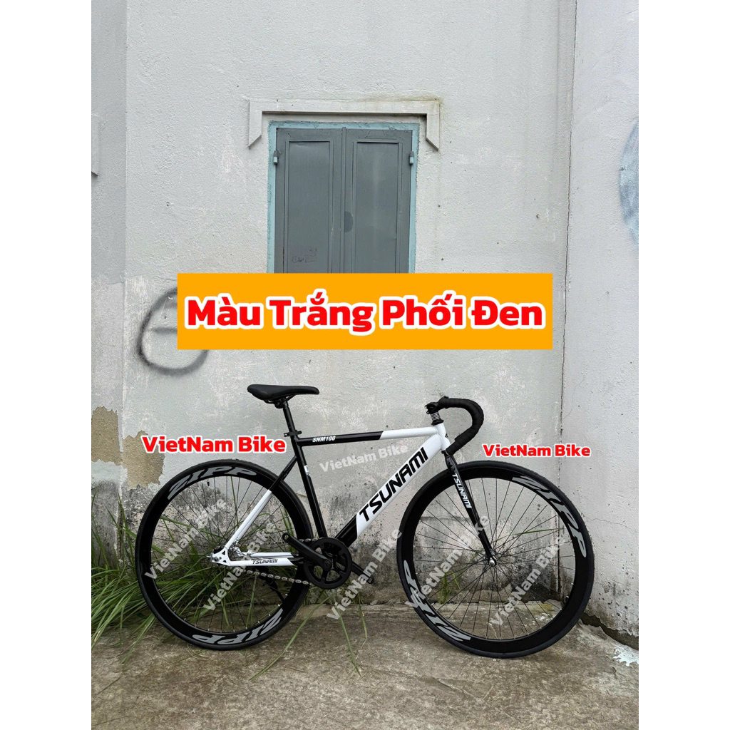 Xe đạp thể thao fixed gear & single tsunami đen mix trắng bánh đen ( kèm dây strap và đồ lắp )