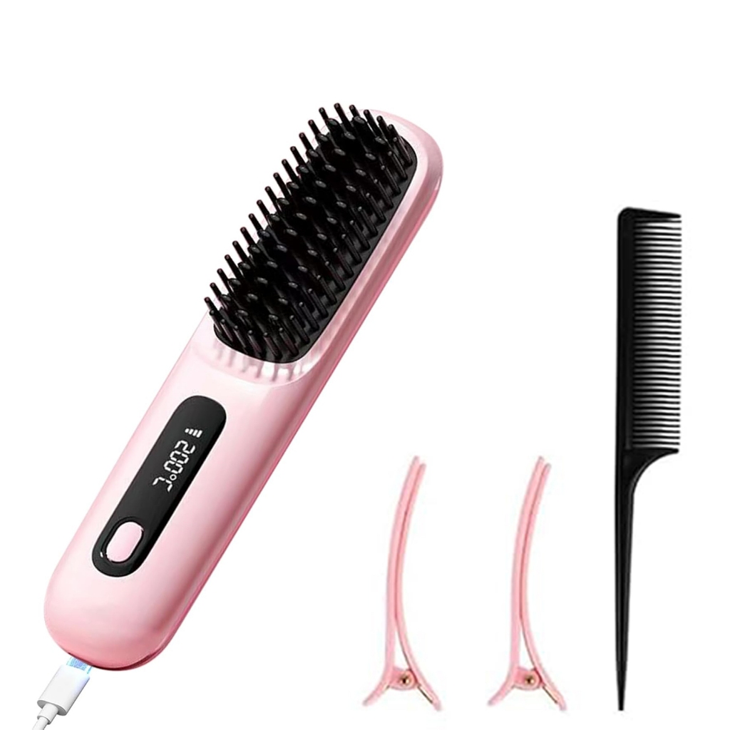 Máy duỗi tóc chuyên nghiệp không dây Lược sưởi ấm nóng Bàn chải điện để làm mịn tóc máy duỗi tóc ion âm