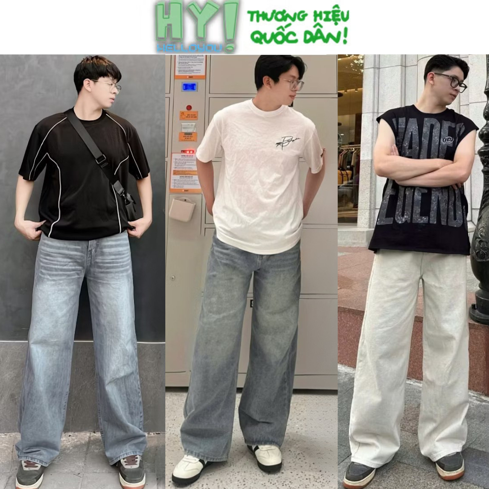 Quần jean nam Xanh RETRO ống rộng CẠP CAO, Quần bò nam ống suông mầu xanh dáng baggy xu hướng 2023 HELLOYOU