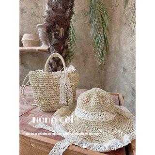 Combo Túi Mũ Cói Nơ Phong Cách Miền Đông Pháp