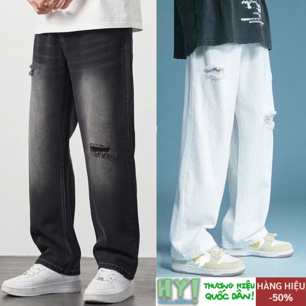 Quần jean baggy nam rách trắng đen 2 gối gấu ống suông rộng chất vải bò cao cấp RG01 Ullzang hàn quốc Helloyou 2022