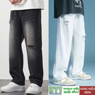 Quần jean baggy nam rách trắng đen 2 gối gấu ống suông rộng chất vải bò cao cấp RG01 Ullzang hàn quốc Helloyou 2022