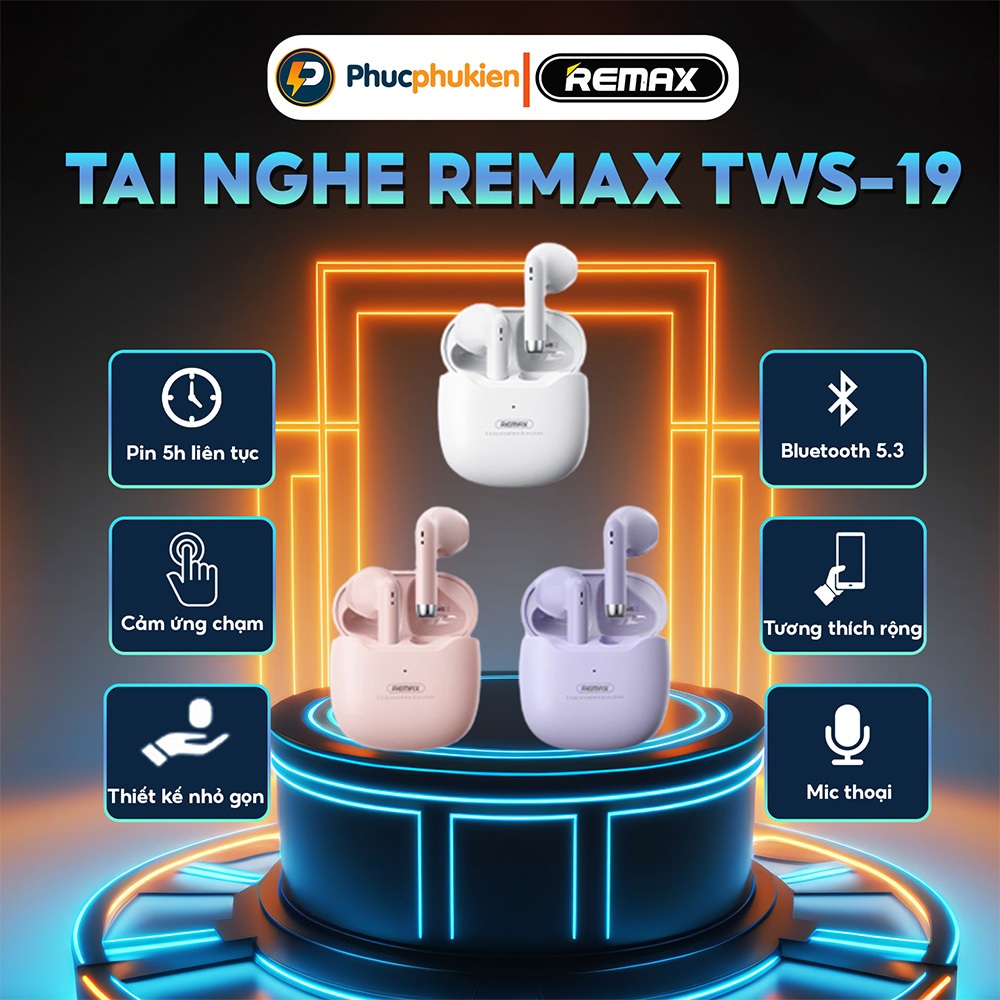 Tai nghe bluetooth Remax tws 19 có mic thoại cảm ứng Pin 5h bluetooth 5.3 ( Tặng ốp) - Phúc Phụ Kiện