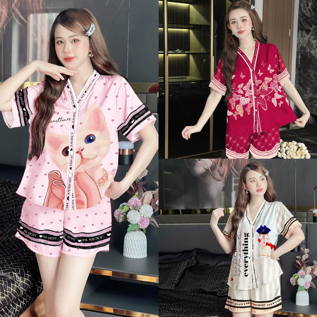 Đồ ngủ nữ pijama mặc nhà set bộ đồ ngủ pyjama Hisexy Lụa Latin cộc tay quần đùi P10