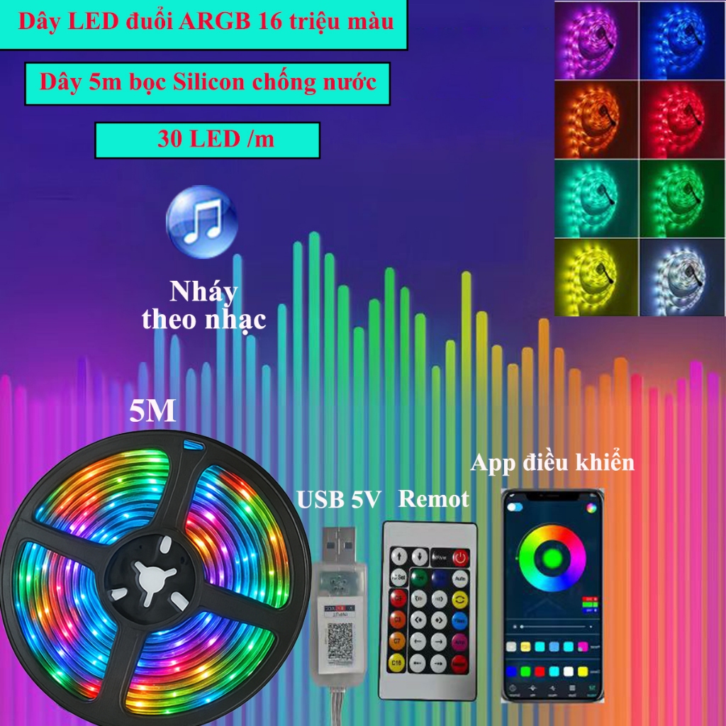 Dây led đuổi ARGB nháy theo nhạc, cuộn 2m 5m bọc silicon chống nước, điều khiển bằng app và remot