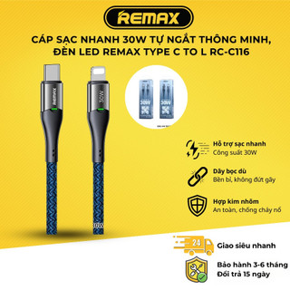  Cáp sạc nhanh 30W tự ngắt thông minh đèn led REMAX Type C to L Smart Power-off Fast Charging Data Cable RC-C116 