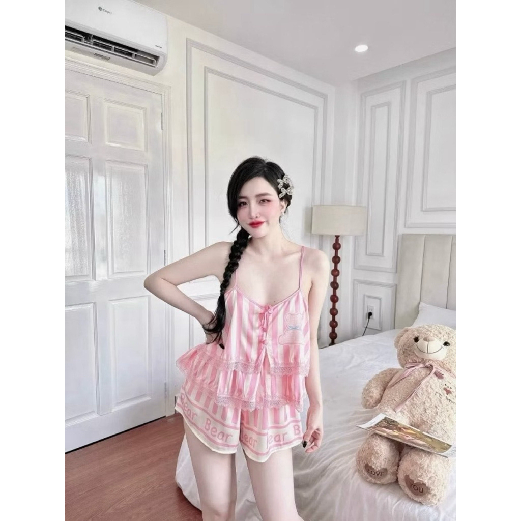 Bộ đồ ngủ 2 dây bánh bèo viền ren cho nữ (DB66)
