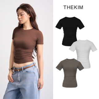 THEKIM Áo thun tăm ngắn tay cổ tròn nhún chun cạnh eo , áo thun nữ cotton tôn dáng T271