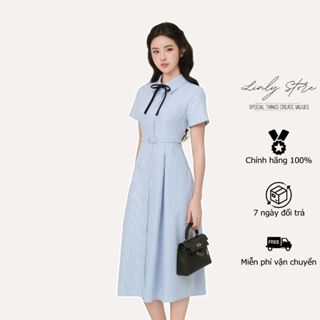 Váy sơ mi kẻ dáng dài phối đai lưng, đầm kiểu nữ form suông kèm nơ tiểu thư Linly Store V-SM2