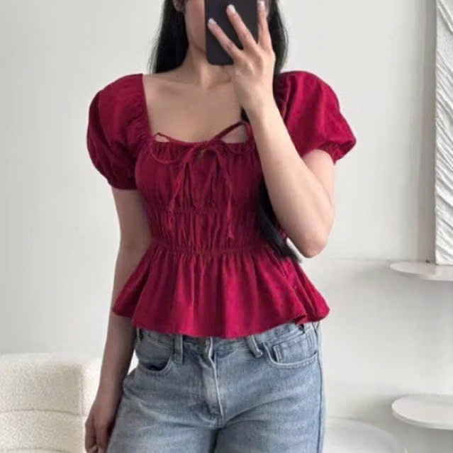 Áo babydoll linen kiểu xinh tay phồng tiểu thư công chúa bo thân nơ coquette ngực xinh xắn- Gucar | BigBuy360 - bigbuy360.vn