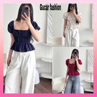 Áo babydoll linen kiểu xinh tay phồng tiểu thư công chúa bo thân nơ coquette ngực xinh xắn- Gucar