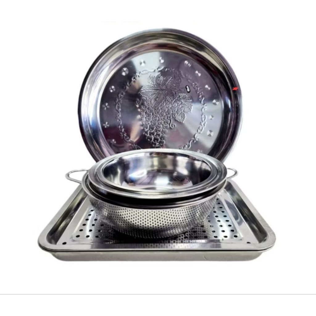 INOX - Mâm tròn 40, khay úp ly chữ nhật 35, thau rổ 22, 24, 28cm