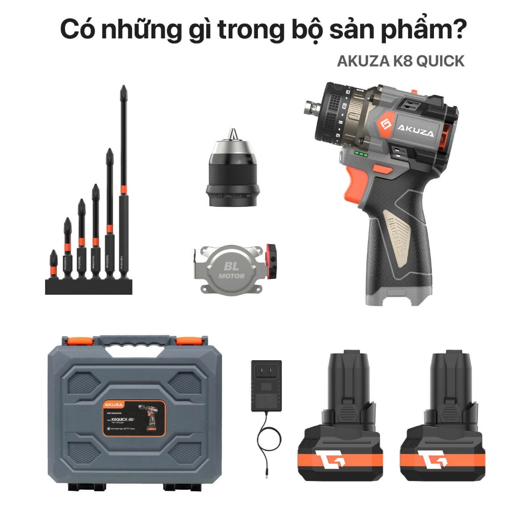 Máy Khoan AKUZA K8 QUICK Có Búa- Khoan 16,8V Không Chổi Than Đầu Kẹp 10mm,Tặng bộ mũi vít
