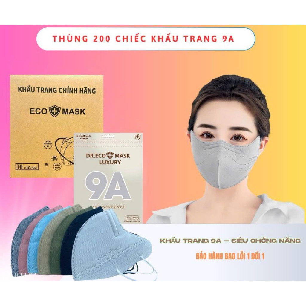 Thùng 100- 400 cái Khẩu Trang 9A Dr.ECO Chống Nắng kín mặt và Tia Uv,5 Lớp Dầy Dặn,Khẩu Trang Đi Nắn