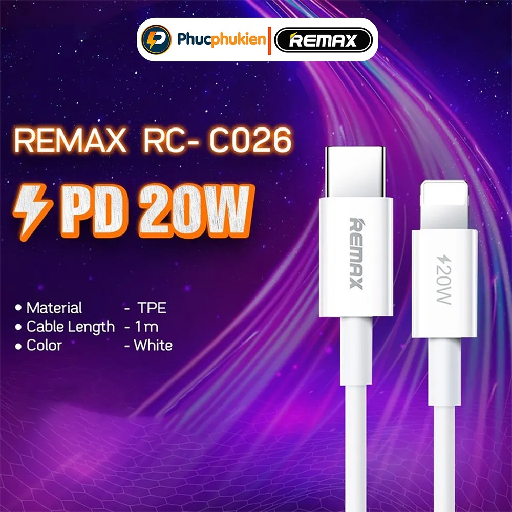 Remax C026 - Dây sạc nhanh 20w Type C chuẩn PD chính hãng cho 14 seris trở xuống - Phúc Phụ Kiện