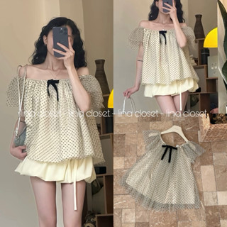  Áo Trễ Vai Lưới Chấm Bi Đính Nơ Ngực Form Babydoll Bồng Bềnh - Icy Top 