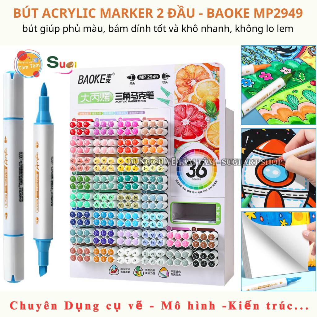 ( Cây Lẻ ) Bút Acrylic Marker 2 Đầu Baoke MP2949 , Bút Marker Acrylic sử dụng trên nhiều bề mặt khác
