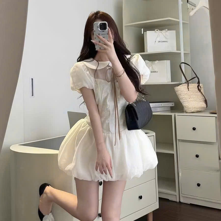 (Hàng 3 Size) :Váy Tiểu Thư Cổ Sen Tay Bồng Chất Tơ Thiết Kế Nơ Buộc Dài From Váy Bồng Bí Sang Chảnh , Ảnh Thật Lolla | BigBuy360 - bigbuy360.vn