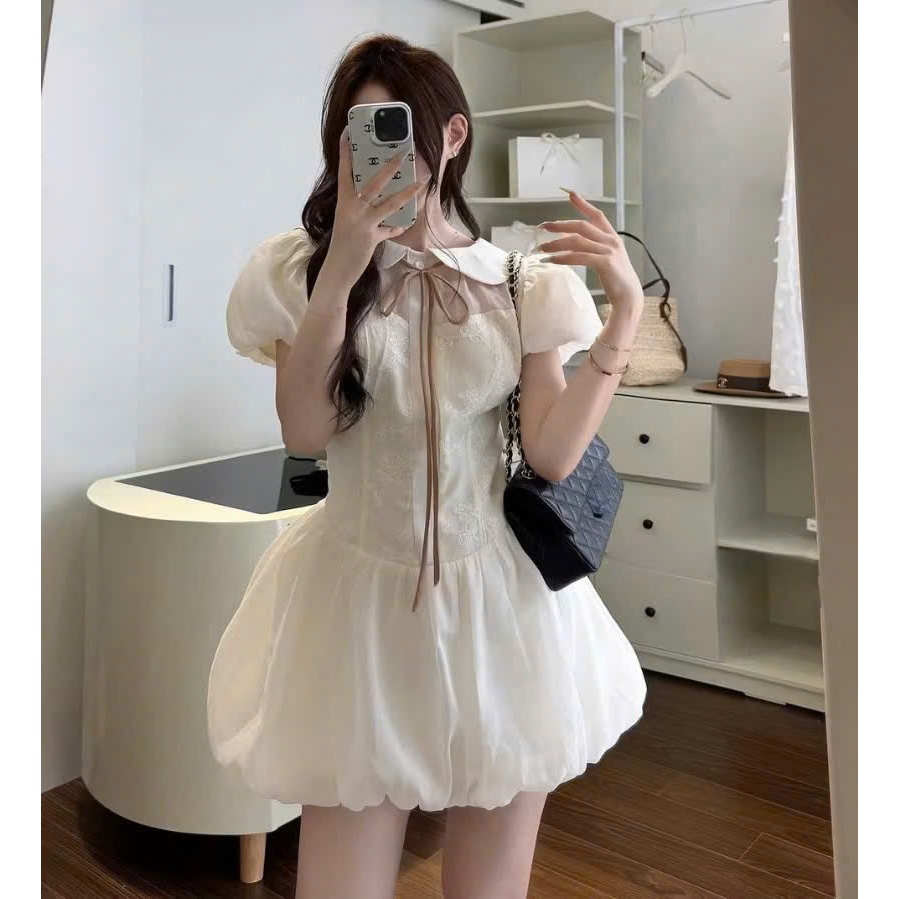 (Hàng 3 Size) :Váy Tiểu Thư Cổ Sen Tay Bồng Chất Tơ Thiết Kế Nơ Buộc Dài From Váy Bồng Bí Sang Chảnh , Ảnh Thật Lolla | BigBuy360 - bigbuy360.vn