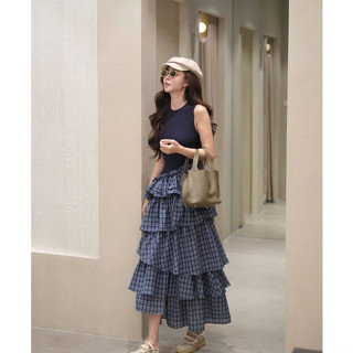 LYNCHIC- ĐẦM VÁY XANH THAN CHIẾT EO DÁNG DÀI NHIỀU TẦNG THUYVAN TỰ MAY