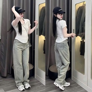 Quần Jean Bò Ống Suông Rộng Xuông Nữ Thêu Túi CANA MS14 Jeans Cạp Cao Phong Cách