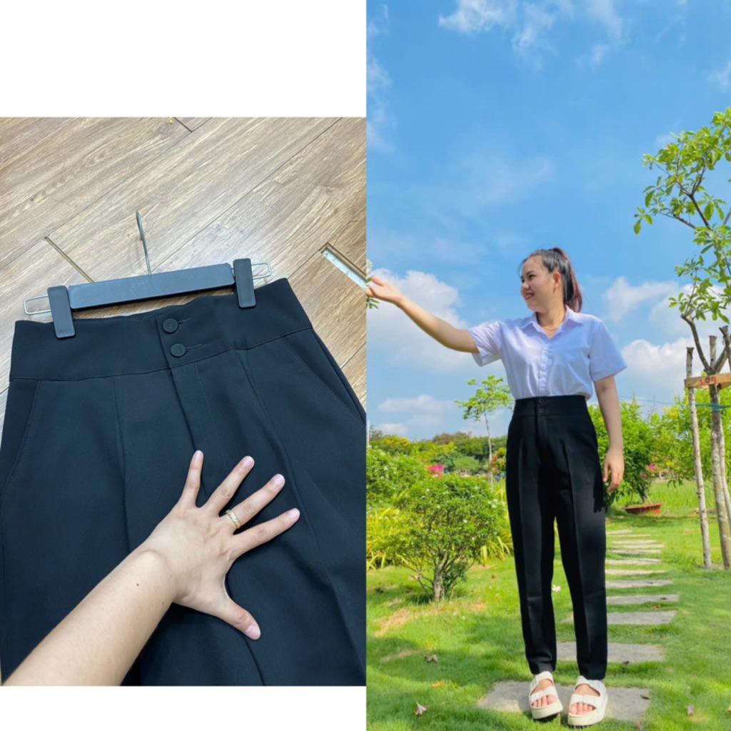 ( M17 Màu đen) Quần Tây 2 Nút Bọc Vải Lưng Cao Form Baggy Dài 95cm Có Bigsize