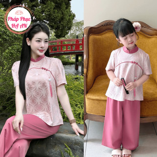   SET MẸ VÀ BÉ  Pháp phục cho mẹ và bé đi chùa cổ tàu lụa gấm vân thọ kèm charm Bộ đi chùa cho mẹ bé gái cộc tay  mềm mát 