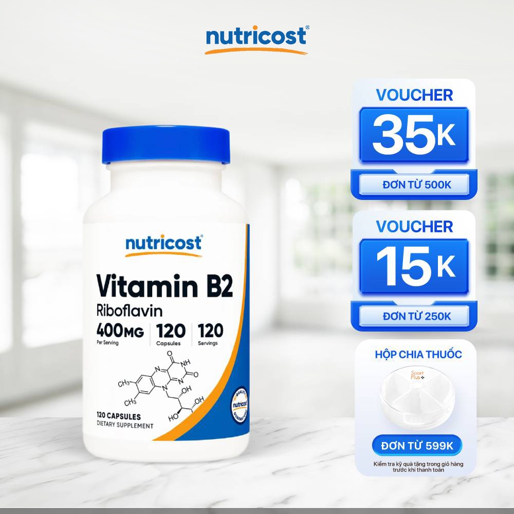 Viên uống Vitamin B2 Riboflavin Nutricost (120 viên) giảm đau đầu, rụng tóc, suy nhược, lão hóa