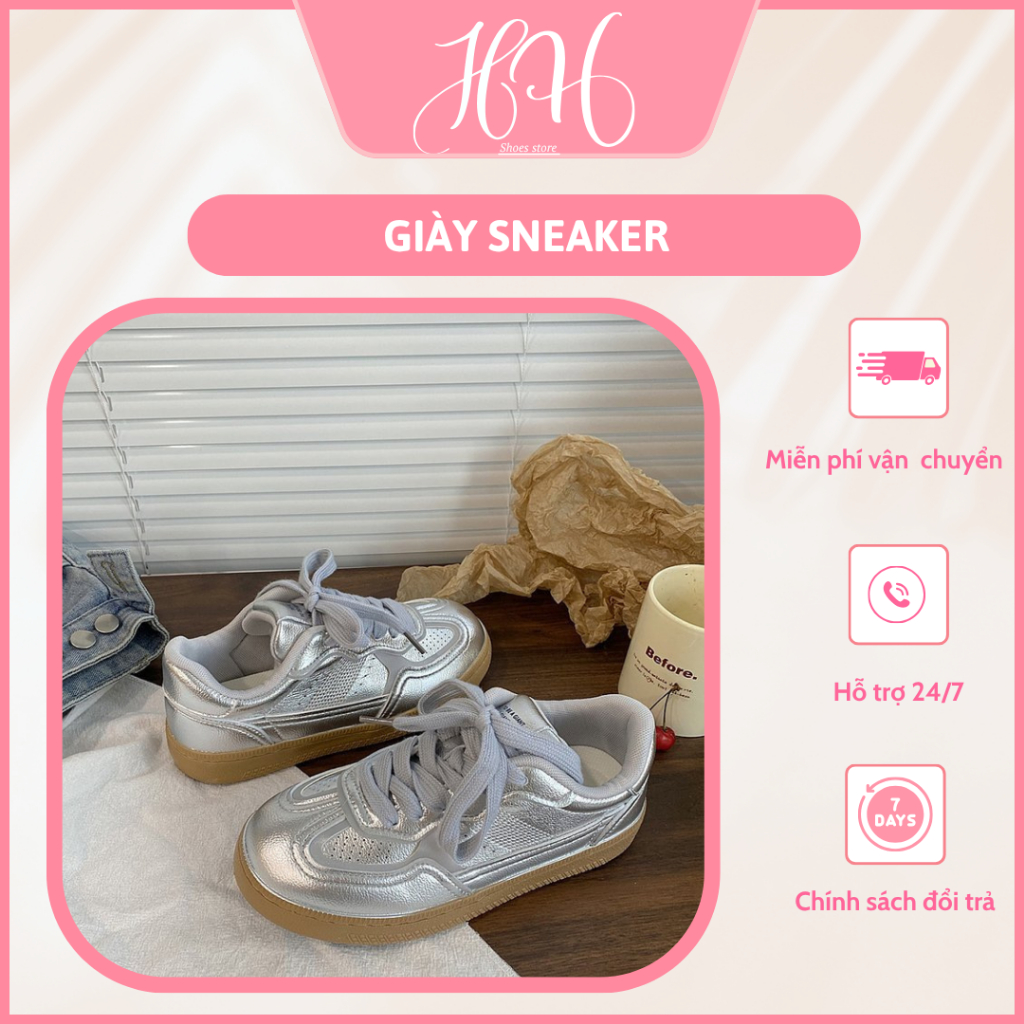 Giày Sneaker Nữ Bạc Ánh Kim – Phong Cách Y2K, Đế Nâu Chống Trượt, Nổi Bật Mọi Outfit