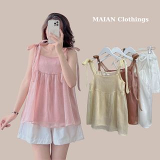  Set áo babydoll tiểu thư S8359 Bộ đồ nữ mặc đi chơi du lịch kiểu áo 2 dây buộc nơ vai cách điệu kèm quần sooc ulzzang 