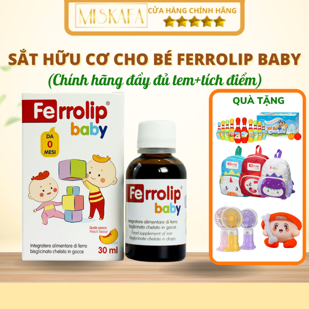 Sắt cho bé FERROLIP BABY, sắt hữu cơ dạng siro nhỏ giọt nhập khẩu Italya, vị đào, bổ sung sắt cho bé