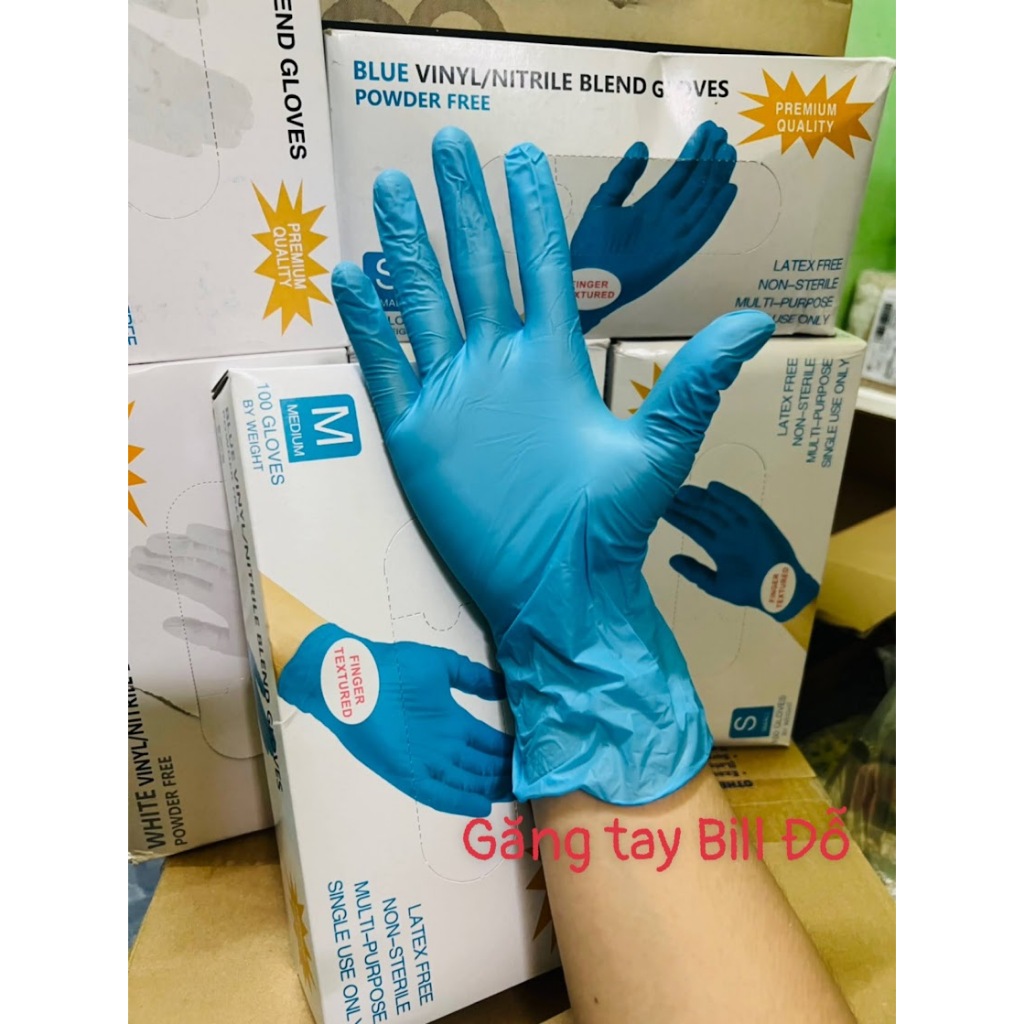 Hộp 100 Chiếc Găng Tay Vinyl PVC Màu Xanh Không Bột Vinyl/Nitrile Blend Gloves Phun Xăm Thẩm Mỹ - Bl