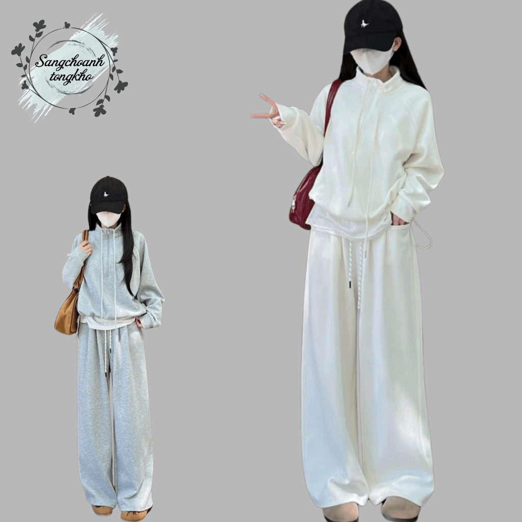 Set bộ nỉ nữ form rộng, áo sweater cổ cao khóa kéo dáng croptop kèm quần ống suông basic Hàn Quốc