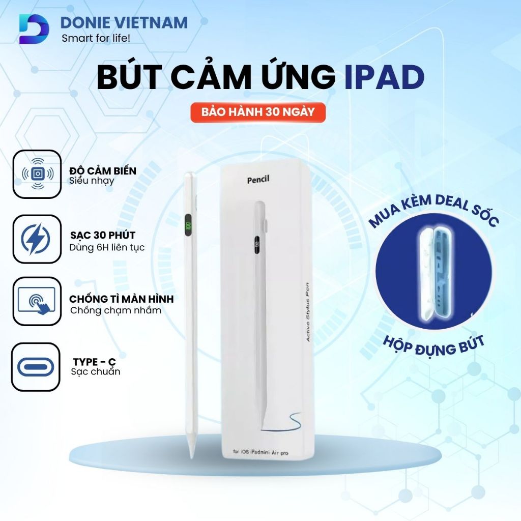 Bút Cảm Ứng iPad Evostylus Pencil Donievietnam Cảm Ứng Độ Nghiêng, Chống Tì Tay, Sạc Type-C B02