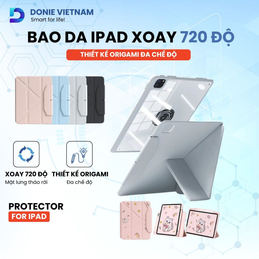 Bao da iPad Aura Folio P08 DONIE VIETNAM Origami Đa Chế Độ, Xoay 720°, Tháo Rời Case Cho iPad Pro/Ai
