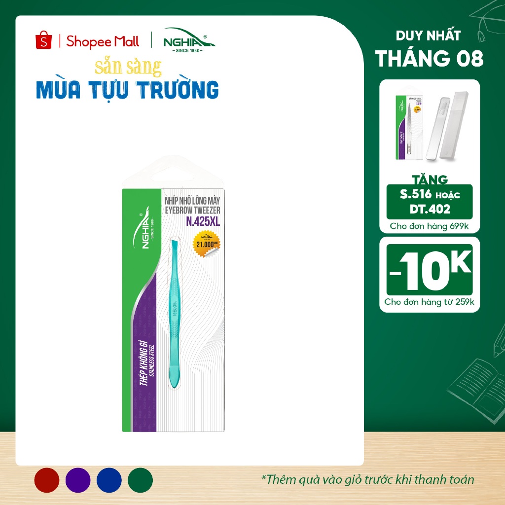 Nhíp Nhổ Lông Mày, Lông Mũi, Lông Nách, Tóc Bạc Inox Kềm Nghĩa N.425 - Đầu Xéo - 4 Màu