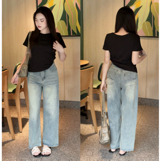 [Q266] Quần jean suông nữ lưng cao dáng 93cm  thêu túi sau dành cho nấm lùn màu xanh nhạt lưng cao tôn dáng