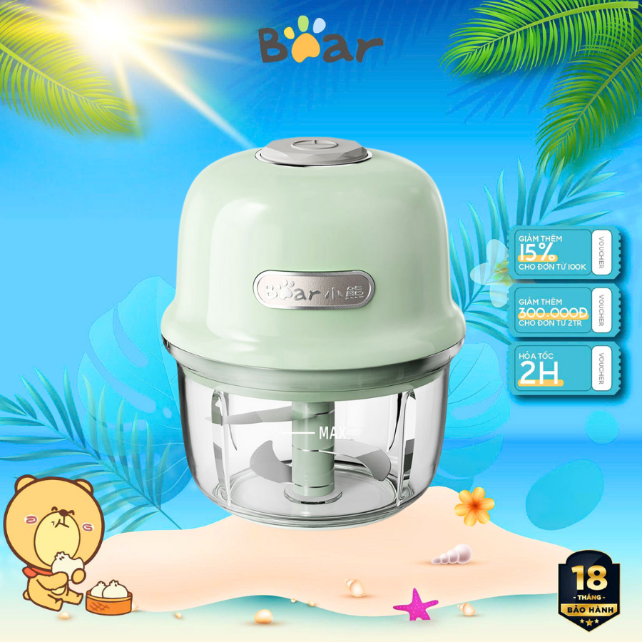 Máy xay tỏi ớt dung tích 0.15L Bear QSJ-E40B1, Dung lượng pin lớn, 40W, 3 Lưỡi dao inox, BH 18 Tháng