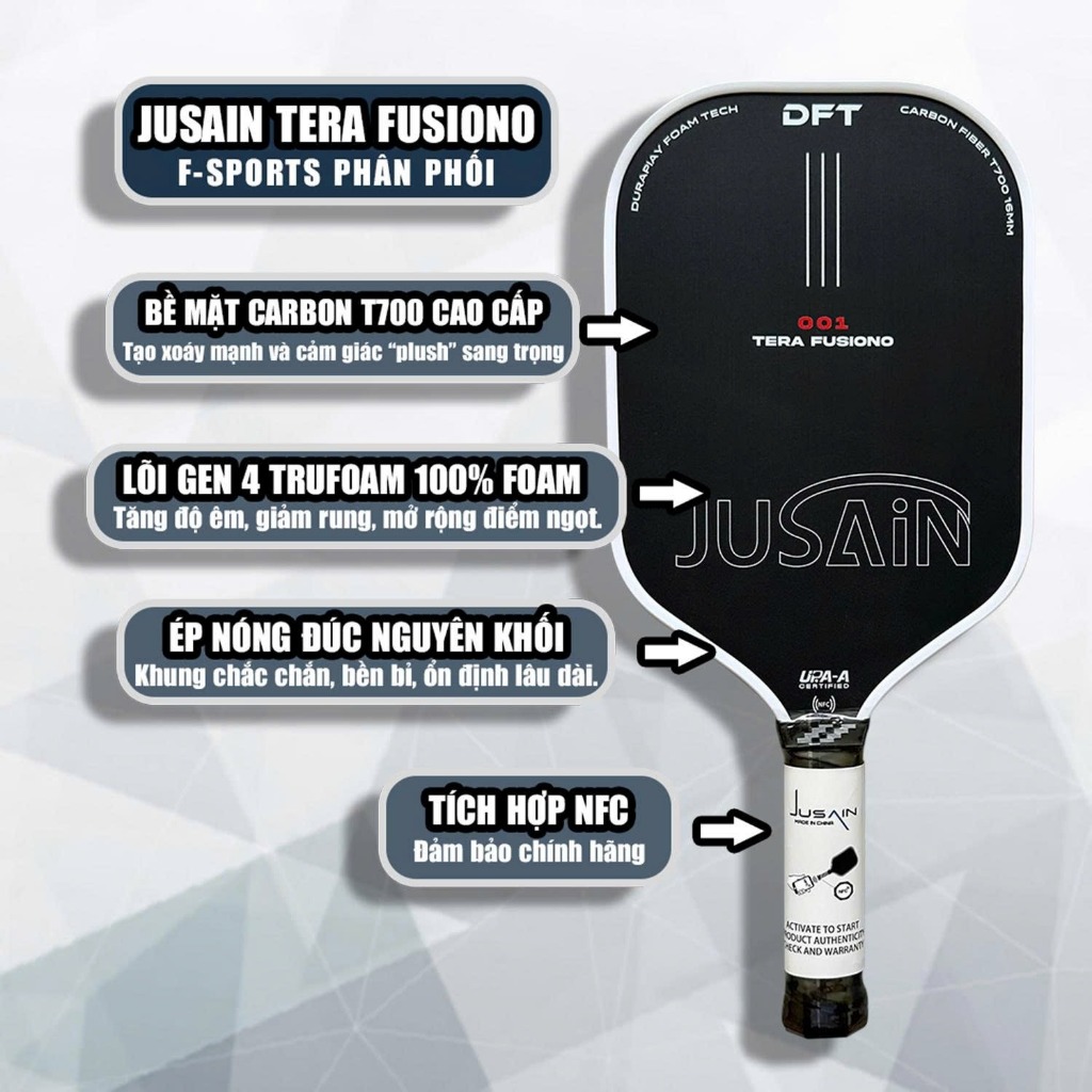Vợt Pickleball Jusain Tera-Fusiono, NFC check, Ép nóng đúc nguyên khối, ( Quà tặng Chính Hãng )